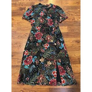 Maia Women’s Floral Print Tie Neck Midi Dress Sz 14 Elegant Boho Sophistication